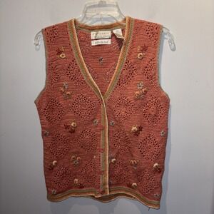 VTG‎ Portraits Northern Isles Hand Knit Floral Sweater Vest Size M Cottagecore